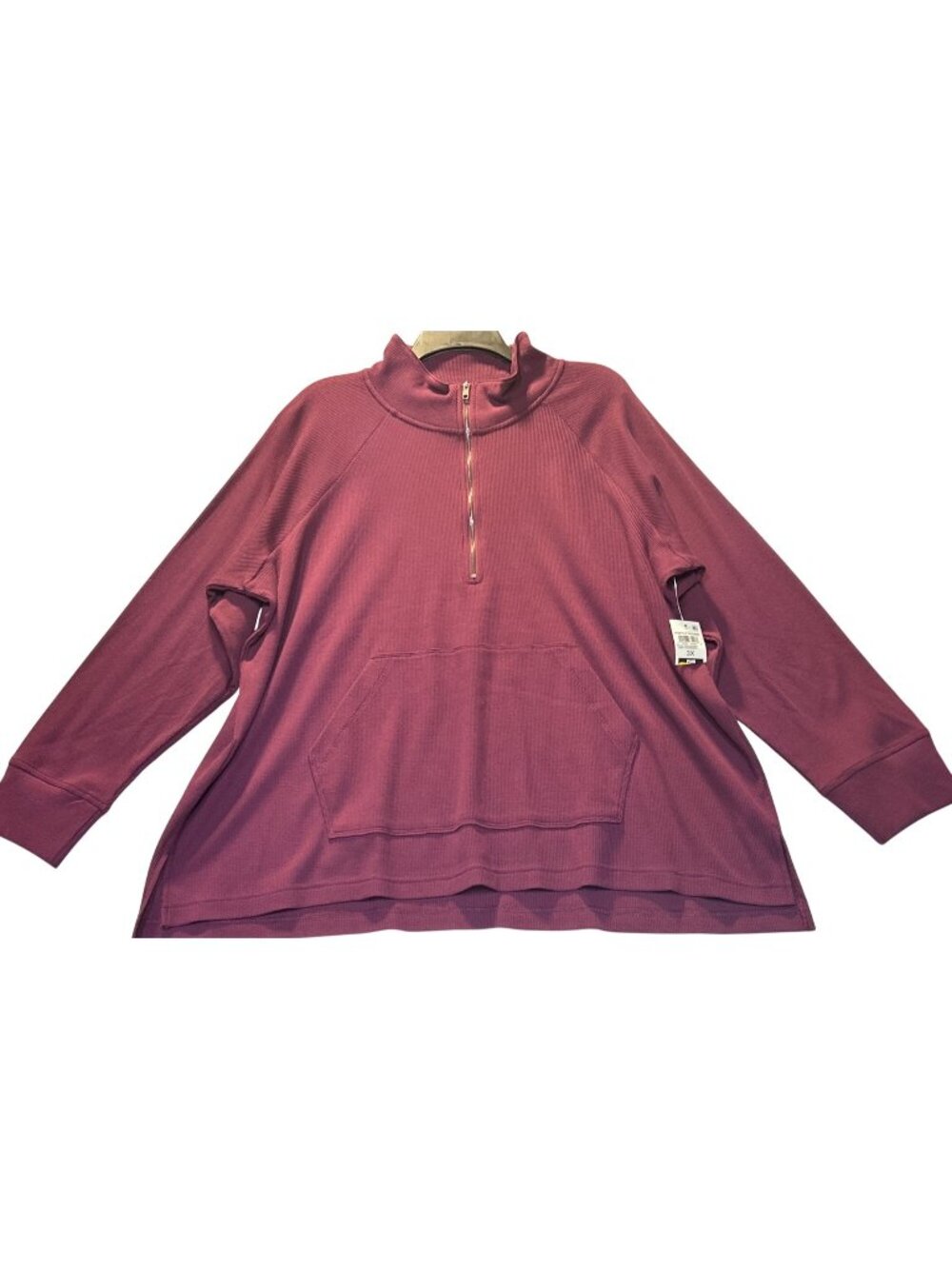 Style & Co Womens Plus 3X Waffle Knit Half-Zip Hoodie Cranberry Kangaroo Pocket